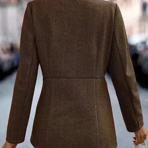 Coffee Brown Casual Women's Herringbone Pattern Long Sleeve Overcoat - Picture 2 of 7